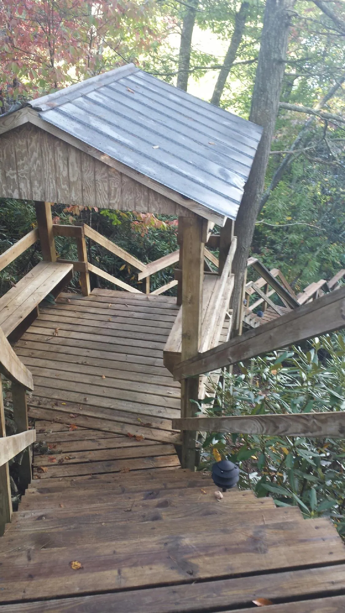 Metal roofed shelter over wooden steps on a wooded walkway — Skylight Repair & Installation work by our crew in Selah
